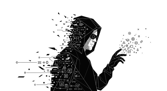 Hooded figure with code exploding.