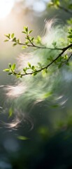 Fototapeta premium Spring Branch with New Leaves and Fluffy Mist