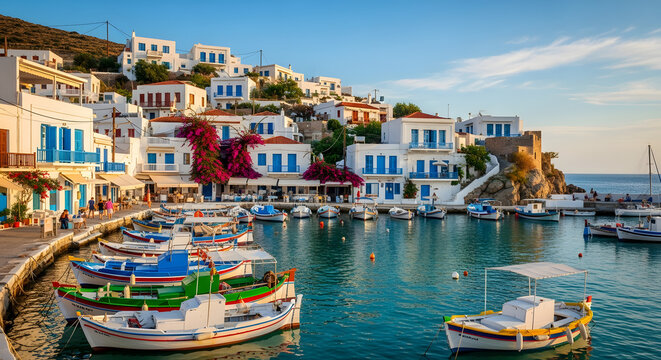  "Charming Mediterranean harbor village with colorful traditional fishing boats (caiques) moored in calm turquoise water. Whitewashed buildings with blue shutters on a hillside, sunny day."

