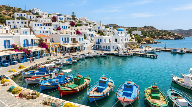  "Charming Mediterranean harbor village with colorful traditional fishing boats (caiques) moored in calm turquoise water. Whitewashed buildings with blue shutters on a hillside, sunny day."

