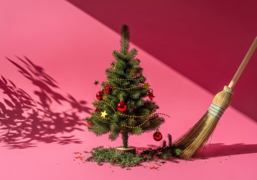 Small christmas tree with red ornaments and a broom on pink
