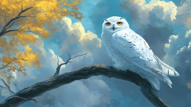 Snowy owl perched on branch, autumnal sky, digital art, nature print