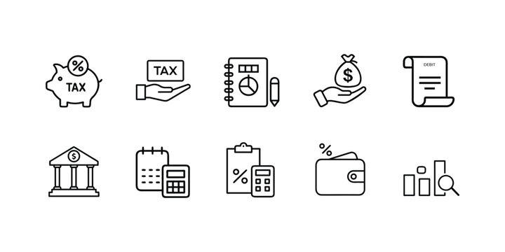 Tax return and accounting outline icon set featuring tax mail envelope, calendar schedule, protection umbrella, percentage arrows, calculator, and financial audit vector illustration on stroke