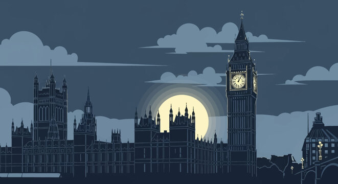 London cityscape at night with Big Ben and full moon