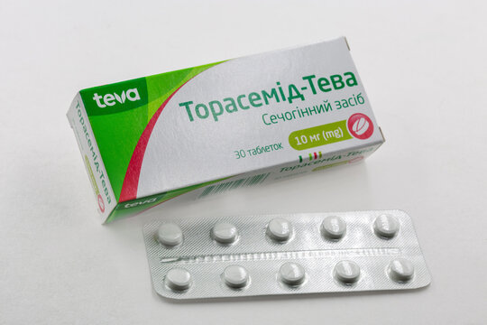 Torasemide Teva packaging diuretic tablets 10 mg closeup on white.
