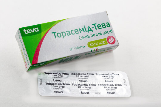 Torasemide Teva packaging diuretic tablets 10 mg closeup on white.