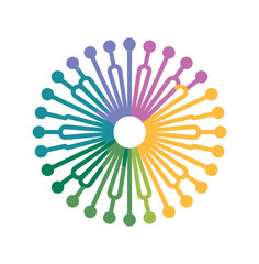 Obraz premium A colorful graphic design featuring a circular pattern of lines and dots in a rainbow of hues on a white background.