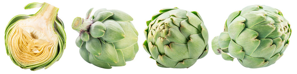 Obraz premium Collection of french artichokes and artichoke cross section isolated on white background. File contains clipping paths.