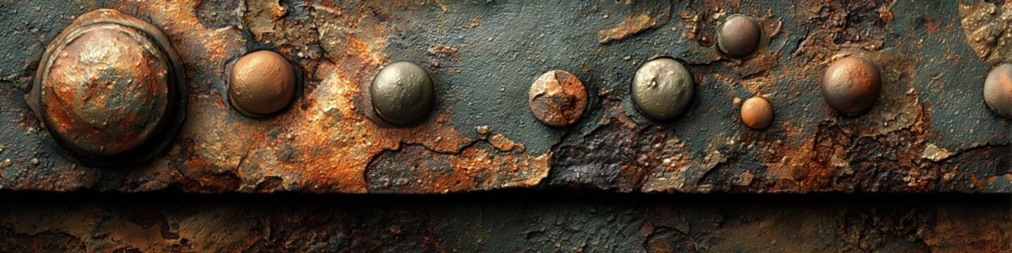 Weathered, rusted rivets and bolts protrude from a dark, corroded metal surface. The gritty texture evokes decay, resilience, and the passage of relentless time.