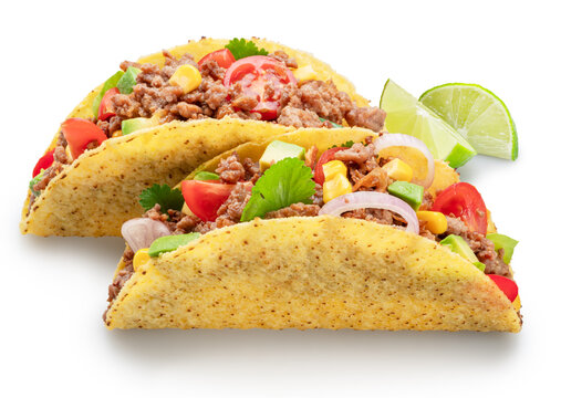 Mexican meat taco or beef stuffed tortilla isolated on white background. File contains clipping path.
