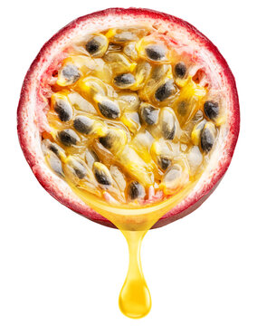 Half of passion fruit showing juicy pulp and seeds with a falling drop of juice, isolated on white background with clipping path.