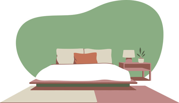 A modern bedroom with a minimalist bed and a green accent wall featuring a bedside table with a lamp and plant