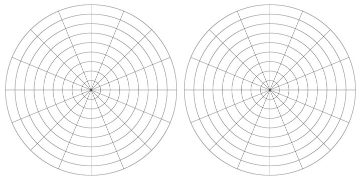 Coaching tool. Polar grid of 10 segments and 5 concentric circles. Circle diagram of lifestyle balance. Wheel of life template. Vector blank polar graph paper. Blank.