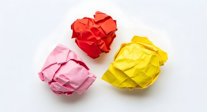 Colorful crumpled paper balls symbolizing discarded ideas, creative struggles, or the iterative process of problem-solving and brainstorming
