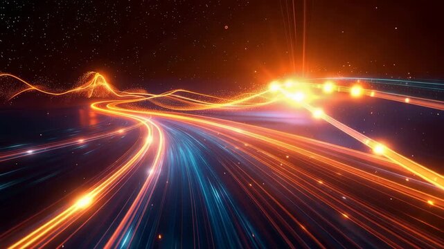 Digital Highway: A dynamic visual showcases streams of digital light, representing data pathways against a celestial backdrop, symbolizing technology's fast-paced evolution.