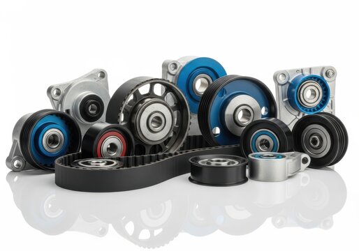 Set of automotive timing belt tensioner pulleys isolated on white