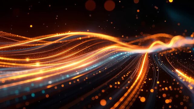 Abstract Digital Flow: Dynamic lines of light gracefully cascade across a dark space, representing the fluidity and complexity of the digital realm, showcasing modern technological advances