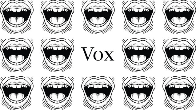 Stylized illustration of multiple open mouths shouting in a pattern with the word Vox in the center