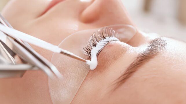 Lash lift procedure on a female at the cosmetology salon.
