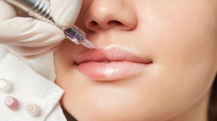 Lip blush semi-permanent makeup procedure using a rotary PMU pen.