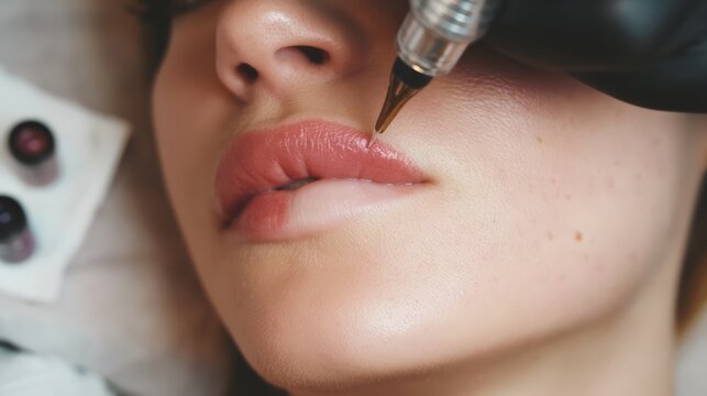 Lip blush semi-permanent makeup procedure using a rotary PMU pen.