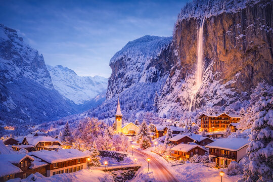A generative AI image of Lauterbrunnen Valley in Switzerland covered by thick snow 