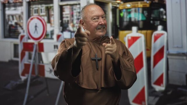 Man monk in brown habit pointing fingers at camera with cross necklace amid street construction barriers and pedestrian sign; playful devotion.