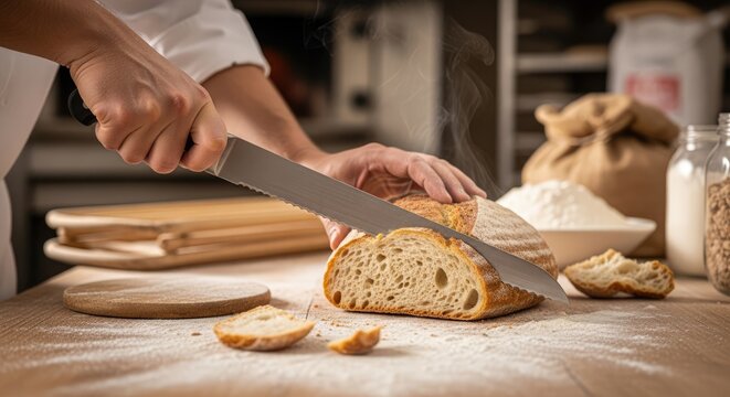 Chef cutting fresh baked bread on a wooden surface with ingredients in the background