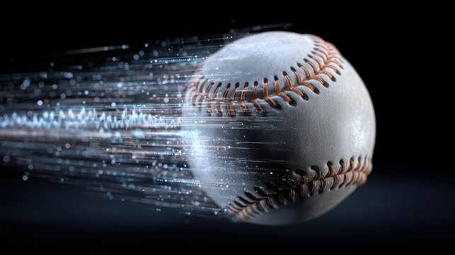 Baseball with a blue light trail depicting high speed motion and data streaming on a dark background, representing technology in sports.
