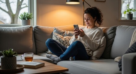 Fototapeta premium Woman relaxing at home using a smartphone on a sofa near a window