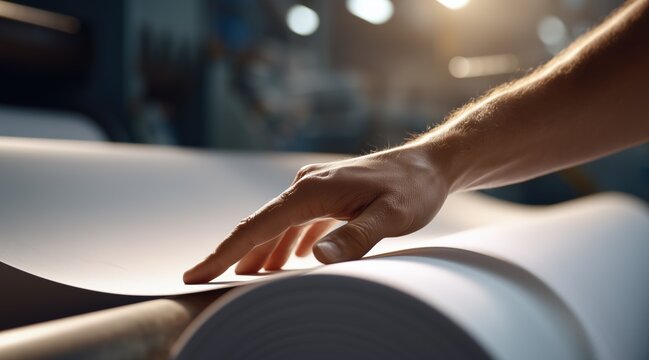 Hand touching large paper roll in printing factory or paper mill