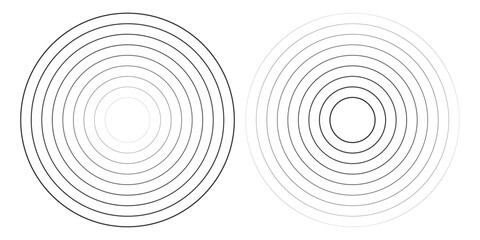 Fototapeta premium Black concentric circle set. Sonar or sound wave ring collection. Dotted and linear epicentre, target, radar icon concept. Ripple radial signal or vibration elements. Vector line and halftone symbols