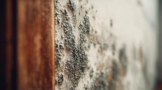 Black mold growing on white wall near wooden door frame in house