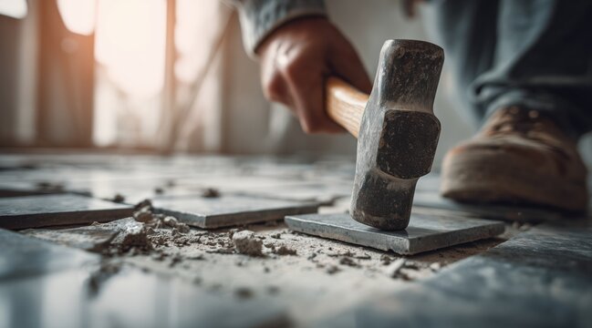 Person hitting floor tile with hammer during home renovation
