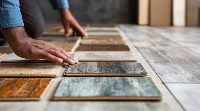 Person choosing wood flooring samples on floor in home or office