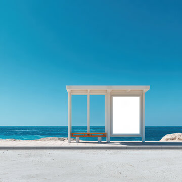 Empty bus station with blank advertising poster mockup near tropical ocean