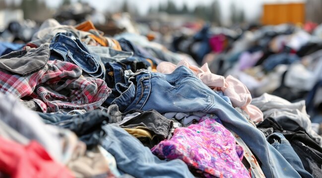 Large pile of discarded used clothing at landfill or recycling center