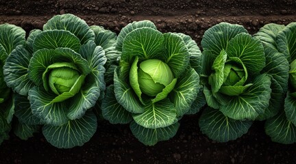 Obraz premium Close up of green cabbage heads growing in row on dark soil