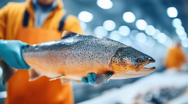 Worker in gloves holding large raw salmon in fish processing plant