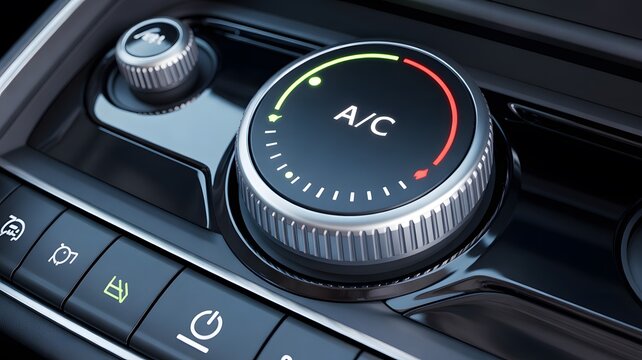 Close up view of a modern car interior dashboard showing the sophisticated air conditioning and climate control system with a large metallic rotary kn