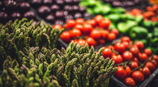 Close up of fresh asparagus and cherry tomatoes on display in grocery store