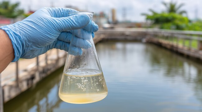 Scientist hand in blue glove holding glass flask with water sample at treatment plant