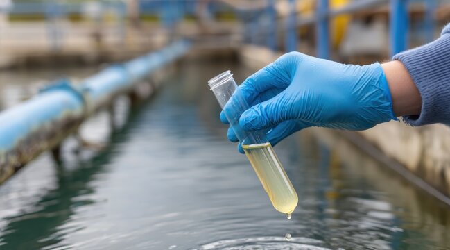 Scientist hand in blue glove holding test tube over water at sewage treatment plant
