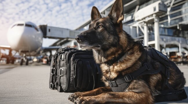 German shepherd dog in tactical vest lying on airport runway near airplane