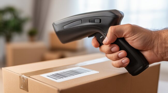 Hand using wireless barcode scanner on cardboard box in warehouse