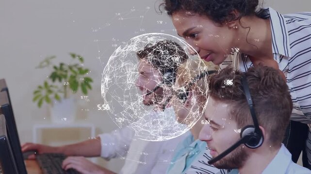 Animation of globe with network of connections over diverse business people wearing phone headsets
