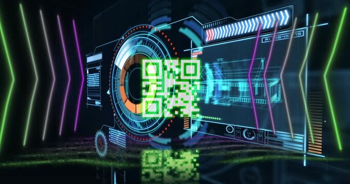 Animation of qr code over neon shapes and scope scanning on black background