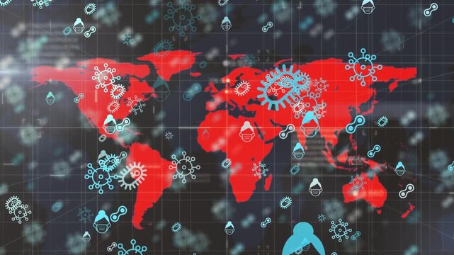 Animation of covid cells over world map on black background