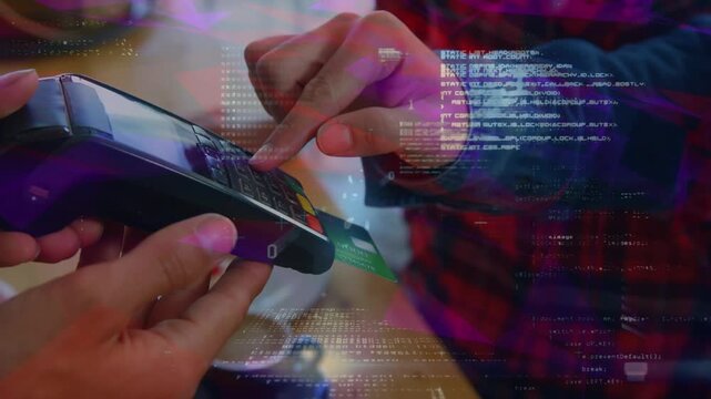 Animation of data processing over hands of caucasian woman and man using payment terminal