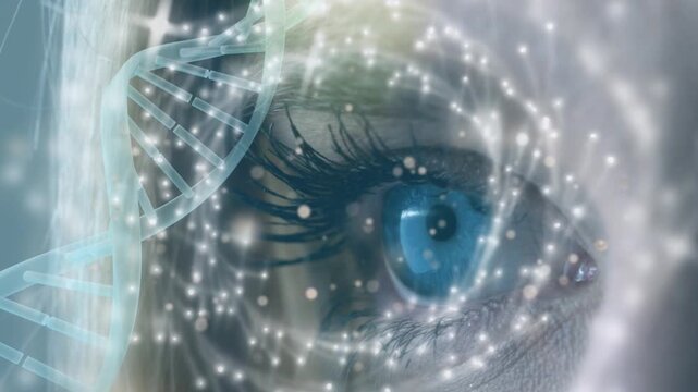 Dna structure spinning against glowing network of connections against close up of female eye